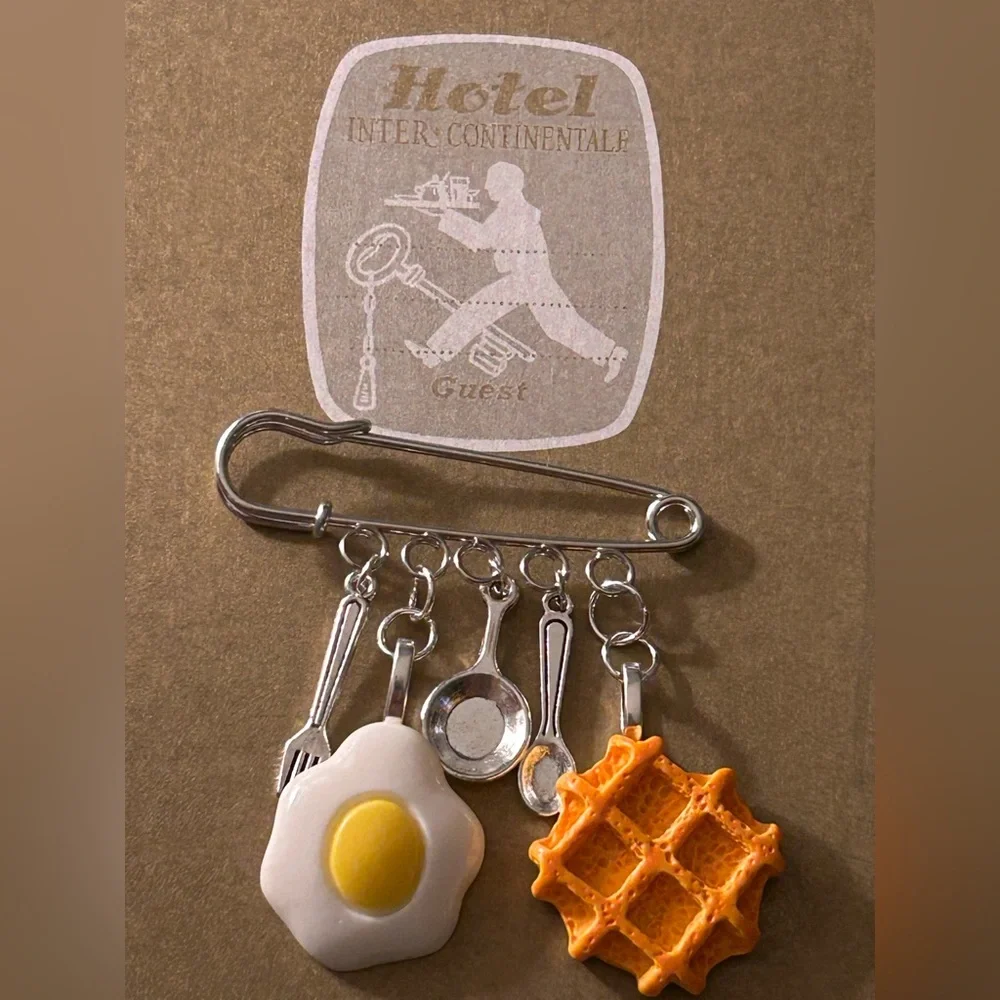 NWOT Safety Pin Brooch: “Room Service” Charms waffle, Egg 🍳, utensils